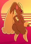  2017 big_butt bikini black_sclera bra brown_fur butt clothed clothing female fur hi_res lagomorph looking_at_viewer looking_back lopunny mammal nintendo pink_eyes pok&eacute;mon red_background shadow simple_background smile solo swimsuit underwear video_games yowesephth 