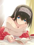  asoka bags_under_eyes black_hair blue_eyes blush book breasts cleavage commentary_request hairband holding holding_book idolmaster idolmaster_cinderella_girls jewelry long_hair medium_breasts necklace off-shoulder_sweater pendant ribbed_sweater sagisawa_fumika shawl solo sweater 