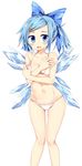  bad_id bad_twitter_id bikini blue_bow blue_eyes blue_hair blush bow breasts cirno collarbone covering covering_breasts hair_bow hair_ornament hairclip highres ice ice_wings knees_together_feet_apart looking_at_viewer maturiuta_sorato medium_breasts navel side_ponytail simple_background solo standing swimsuit touhou white_background white_bikini wings 