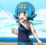  bare_arms beach blue_eyes blue_hair blue_sailor_collar blue_sky blush breasts cloud commentary_request covered_navel day fishing_hook fishing_line fishing_rod hair_ornament kaki_(pokemon) ocean one-piece_swimsuit open_mouth outdoors pants pokemon pokemon_(game) pokemon_sm ribbon-trimmed_pants ribbon_trim sailor_collar shirt shirt_lift short_hair sky sleeveless sleeveless_shirt small_breasts solo suiren_(pokemon) surprised sweatdrop swimsuit swimsuit_under_clothes takamame upper_body wide-eyed 