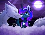  blue_eyes cosmic_hair dragon duo eyelashes female feral friendship_is_magic fur horn magnaluna male mile my_little_pony night princess_luna_(mlp) smile white_fur window 