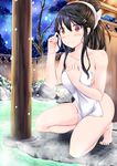  absurdres ayakase_hotaru bath black_hair brown_eyes covering fence full_body hair_between_eyes hair_up haruna_(kantai_collection) highres kantai_collection kneeling long_hair looking_at_viewer night nude_cover onsen outdoors rock smile snow snowing solo towel towel_on_head water wooden_fence 