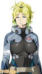  banpresto blonde_hair blue_eyes bodysuit breasts freckles gradient_hair headset large_breasts official_art parted_lips super_robot_wars super_robot_wars_x-omega two-tone_hair utility_belt 