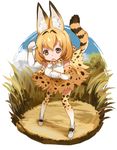  animal_ears bent_over brown_eyes commentary_request elbow_gloves gloves highres kemono_friends light_brown_hair looking_at_viewer paw_pose serval_(kemono_friends) serval_ears serval_print serval_tail short_hair solo tail thighhighs yuu_(higashi_no_penguin) zettai_ryouiki 