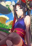  black_hair blue_eyes blush dress fate/grand_order kunoichi long-hair ponytail rider_(fate/grand_order) sky 