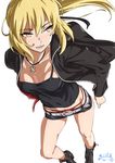  artoria_pendragon_(all) blonde_hair camisole casual fate/grand_order fate/stay_night fate_(series) highres jacket jewelry long_hair necklace ponytail saber_alter short_shorts shorts solo suna thong yellow_eyes 