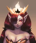  bare_shoulders breasts cleavage demon_girl fangs fire flame hair_ornament hair_over_one_eye hair_ribbon hekapoo horns large_breasts light_blush long_hair looking_at_viewer mary_montes orange_eyes pointy_ears red_hair ribbon smile solo star_vs_the_forces_of_evil strapless watermark web_address 