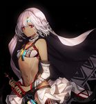  altera_(fate) bare_shoulders breasts commentary_request dark_skin detached_sleeves fate/extella fate/extra fate/grand_order fate_(series) gambe highres looking_at_viewer midriff navel photon_ray red_eyes short_hair small_breasts solo sword tattoo veil weapon white_hair 