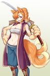  1girl animal_ears arm_tattoo belt breasts grin hair_over_one_eye highres ittla large_breasts large_hands monster_girl multiple_tails navel orange_hair original paws ponytail purple_eyes sarashi sharp_teeth shin_guards smile sword tail tattoo teeth weapon white_background 