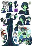  2girls blush brooch dress flower gloves green_eyes green_skin hat height_difference jewelry magicist_(shovel_knight) mona_(shovel_knight) multiple_boys multiple_girls plague_doctor_mask plague_knight potion sachy_(sachichy) shovel_knight specter_knight sun_hat sweat sweating_profusely swimsuit thought_bubble 