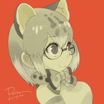  alternate_eyewear animal_ear_fluff animal_ears bare_shoulders bow bowtie cat_ears closed_mouth commentary dated elbow_gloves extra_ears eyebrows_visible_through_hair eyelashes from_side glasses gloves highres jpeg_artifacts kemono_friends looking_away margay_(kemono_friends) margay_print multicolored_hair portrait red_background rota_(bitmap1022) sanpaku semi-rimless_eyewear sepia shirt short_hair signature smile solo spot_color tareme under-rim_eyewear 