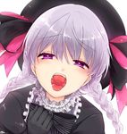  black_gloves blush fate/extra fate_(series) gloves hat long_hair migihiko nursery_rhyme_(fate/extra) open_mouth oral_invitation purple_eyes silver_hair smile solo tongue tongue_out 