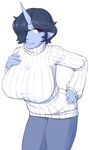  blue_hair blue_skin breasts denim hair_over_one_eye hand_on_hip hand_on_own_chest highres horn ittla jeans large_breasts miu_(ittla) monster_girl oni original pants pointy_ears short_hair smile sweater white_sweater 