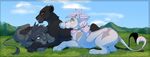  black_fur day detailed_background feline feral fur grass group hair kitchiki lion mammal outside paws pink_hair sky smile white_fur 