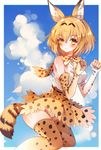  animal_ears bad_id bad_pixiv_id baocaizi blue_sky cloud cloudy_sky day elbow_gloves gloves high-waist_skirt highres kemono_friends light_brown_hair looking_at_viewer panties pantyshot paw_pose serval_(kemono_friends) serval_ears serval_print serval_tail short_hair skirt sky smile solo tail thighhighs underwear white_panties yellow_eyes 