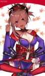  asymmetrical_hair autumn_leaves bare_shoulders black_legwear blue_eyes blush breasts cleavage commentary_request crossed_legs dango detached_collar earrings eyebrows_visible_through_hair fate/grand_order fate_(series) floral_print food grey_hair hair_ornament high_heels highres japanese_clothes jewelry katana kimono komainu_(yamaha1997) leaf long_hair long_sleeves magatama medium_breasts midriff miyamoto_musashi_(fate/grand_order) navel open_mouth ponytail sanshoku_dango sash shade shaded_face shin_guards simple_background sitting solo sword teeth thighhighs thighs wagashi weapon 