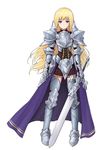  armor armored_boots blonde_hair blue_eyes boots cape corset gauntlets grey_footwear grey_legwear highres holding long_hair looking_at_viewer metal_boots original pleated_skirt simple_background skirt solo sword weapon white_background yuki7128 