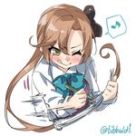  :q ;) akigumo_(kantai_collection) bangs blue_bow blue_neckwear blush bow bowtie brown_bow brown_hair closed_mouth collared_shirt drawing ebifurya eighth_note eyebrows_visible_through_hair green_eyes hair_bow highres holding holding_pencil kantai_collection long_hair long_sleeves motion_lines musical_note one_eye_closed pencil ponytail shirt simple_background sketchbook sleeveless smile solo speech_bubble spoken_musical_note tongue tongue_out twitter_username upper_body white_background white_shirt 