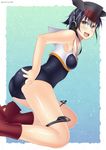  adjusting_clothes adjusting_swimsuit ass asymmetrical_hair bad_id bad_pixiv_id black_hair boots breasts brown_eyes framed_breasts gloves hair_between_eyes hat headphones high_heel_boots high_heels i-14_(kantai_collection) kankitsunabe_(citrus) kantai_collection looking_at_viewer looking_back neckerchief open_mouth partly_fingerless_gloves sailor_collar school_swimsuit shirt short_hair small_breasts smile solo swimsuit twitter_username 