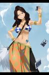  1girl armlet bikini_top bracelet breasts brown_eyes brown_hair cana_alberona cards fairy_tail gaston18 grin large_breasts midriff navel pants tattoo 