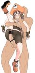  1girl bar_censor bike_shorts blush brown_eyes brown_hair censored cheek_squash clothed_female_nude_male faceless faceless_male fingerless_gloves gloves grabbing grabbing_from_behind guilty_gear guilty_gear_xrd hat hetero huge_penis imminent_rape leg_up may_(guilty_gear) midriff navel nude penis pirate_hat ponkotsu precum sailor_collar solo_focus sweat testicles 
