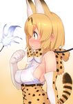  animal_ears bare_shoulders blonde_hair blush bow bowtie breasts covered_nipples drooling elbow_gloves extra_ears from_side gloves gradient gradient_background high-waist_skirt highres kemono_friends looking_to_the_side medium_breasts no_bra open_mouth serval_(kemono_friends) serval_ears serval_print serval_tail shirt short_hair skirt sleeveless solo tail try upper_body white_shirt 