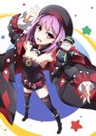  bare_shoulders belt black_legwear blush colonel_olcott_(fate/grand_order) fate/grand_order fate_(series) flat_chest foreshortening hat helena_blavatsky_(fate/grand_order) jacket looking_at_viewer open_mouth purple_eyes purple_hair red-eyes_macadamiachoco short_hair smile solo strapless thighhighs tree_of_life 