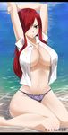  1girl absurdres beach bikini_bottom breasts brown_eyes cleavage curvy erza_scarlet fairy_tail gaston18 hair_over_one_eye in_water large_breasts long_hair looking_at_viewer navel ocean open_shirt red_hair shirt smile solo stretch thighs water wet wide_hips 