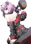  bare_back bare_shoulders blush bow colonel_olcott_(fate/grand_order) fate/grand_order fate_(series) hair_bow hat hat_removed headwear_removed helena_blavatsky_(fate/grand_order) long_sleeves looking_back purple_eyes purple_hair red-eyes_macadamiachoco short_hair smile solo white_background 