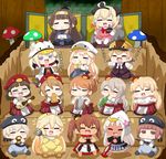  6+girls :d ^_^ ahoge alternate_costume aquila_(kantai_collection) bangs barefoot beer_mug bismarck_(kantai_collection) blonde_hair blush brown_eyes brown_hair cardcaptor_sakura chibi closed_eyes commentary cosplay cup dirndl drinking eating eighth_note european_clothes flower fuuin_no_tsue german_clothes glasses graf_zeppelin_(kantai_collection) hair_flower hair_ornament hairclip hat headgear heart high_ponytail highres hinamatsuri holding holding_cup iowa_(kantai_collection) italian_clothes kantai_collection kinomoto_sakura kinomoto_sakura_(cosplay) kongou_(kantai_collection) libeccio_(kantai_collection) littorio_(kantai_collection) long_hair long_sleeves low_twintails multiple_girls musical_note open_mouth pola_(kantai_collection) ponytail prinz_eugen_(kantai_collection) puchimasu! ro-500_(kantai_collection) roma_(kantai_collection) short_hair silver_hair sitting skirt smile sweat traditional_clothes twintails warspite_(kantai_collection) yuureidoushi_(yuurei6214) z1_leberecht_maass_(kantai_collection) z3_max_schultz_(kantai_collection) zara_(kantai_collection) 