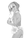  ass dark_skin fate/prototype fate/prototype:_fragments_of_blue_and_silver fate_(series) flower greyscale hassan_of_serenity_(fate) looking_at_viewer mask mask_removed monochrome no_panties short_hair simple_background solo white_background zuwai_kani 