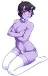  abs black_hair covering covering_breasts frilled_panties frills highres horns ittla monster_girl oni original panties pointy_ears purple_skin short_hair slit_pupils ume_(ittla) underwear white_legwear yellow_eyes 