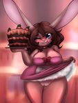  2017 anthro big_breasts blush breasts brown_hair cake carrot cleavage clothed clothing clothing_lift digital_media_(artwork) dress dress_lift female food gradient_background hair hi_res lagomorph long_ears looking_at_viewer mammal one_eye_closed pussy pussy_juice rabbit ribbons simple_background solo standing sweetlemondragon thick_thighs tongue tongue_out vegetable waiter wide_hips wink 
