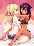  ass bare_shoulders barefoot bikini black_bikini black_hair blonde_hair blue_bikini_bottom dark_skin feet full_body konbu_wakame long_hair looking_at_viewer looking_back mismatched_bikini multiple_girls one_side_up pillow purple_eyes red_eyes sailor_bikini sailor_collar sitting sitting_on_person straddling swimsuit wariza white_bikini_top yumemiru_prima_girl yuri 