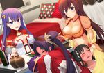  4girls black_hair blue_eyes blush breasts brown_hair chinese_clothes choker cleavage detached_sleeves earrings eyes_closed fate/grand_order fate_(series) flower frills hair_ornament jewelry jing_ke_(fate/grand_order) long_hair mata_hari_(fate/grand_order) midriff multiple_girls navel open_mouth pillow purple_hair saint_martha see-through side_ponytail sleeping ushiwakamaru_(fate/grand_order) wine 