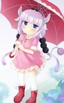  blue_eyes commentary_request dragon_girl dragon_horns dragon_tail hair_bobbles hair_ornament hairband holding horns kanna_kamui kobayashi-san_chi_no_maidragon long_hair looking_at_viewer low_twintails maccha parasol rain silver_hair solo tail twintails umbrella 