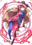  american_flag_dress american_flag_legwear blonde_hair clownpiece dress fire full_body hat highres jester_cap long_hair looking_at_viewer neck_ruff pantyhose pink_eyes polka_dot reiga_(act000) short_dress short_sleeves simple_background sketch solo star star_print striped torch touhou very_long_hair white_background 