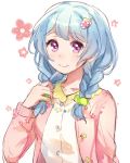  1girl alternate_hairstyle bang_dream! bangs blue_hair braid collarbone floral_background floral_print flower hair_flower hair_ornament hair_over_shoulder hairpin holding holding_hair komachi_narota light_blue_hair long_hair long_sleeves looking_at_viewer matsubara_kanon pink_cardigan pom_pom_(clothes) purple_eyes shirt sketch smile solo twin_braids upper_body white_shirt 