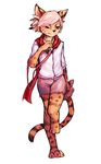  anthro black_nose brown_fur camera clothing dress_shirt feline fur mammal orange_fur scarf serval shirt shorts simple_background standing woong 
