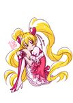  2016 blonde_hair boots bow closed_mouth cure_peach dated earrings fresh_precure! frilled_skirt frills hair_ornament heart heart_hair_ornament jewelry knee_boots long_hair maboroshineko magical_girl momozono_love pink_bow pink_eyes pink_footwear pink_skirt precure signature simple_background sitting skirt smile solo twintails white_background wrist_cuffs 