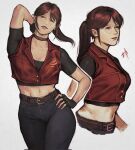  1girl abs arm_behind_head black_choker black_gloves black_shirt breasts brown_hair choker claire_redfield cleavage cowboy_shot crop_top cropped_vest denim ericson_blum fingerless_gloves gloves hand_on_own_hip highres jeans long_hair medium_breasts midriff multiple_views navel pants parted_bangs parted_lips ponytail red_vest resident_evil resident_evil_-_code:_veronica shirt short_sleeves sidelocks signature upper_body vest white_background 