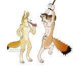 2015 4_toes 5_fingers animal_genitalia animal_penis anthro arms_above_head balls becca_(fennec) biped blood bodily_fluids breasts brown_eyes canid canine canine_genitalia canine_penis castration cock_and_ball_torture dated dominant dominant_female duo ears_back english_text erection fangs feet female fennec_fox fingers fox full-length_portrait fur genital_fluids genital_mutilation genital_torture genitals gore hand_on_hip licking male male/female mammal medium_breasts multicolored_body multicolored_fur mutilation nude_female nude_male on_one_leg oral pain paradim penectomy penile penis penis_lick pivoted_ears portrait precum pussy severed_body_part severed_genitals severed_penis sex signature simple_background smile standing submissive submissive_male sueanoi tail tears teeth text tiptoes toes tongue true_fox white_background wrists_tied yellow_body yellow_fur