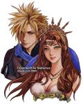  1boy 1girl aerith_gainsborough aerith_gainsborough_(loveless_dress) aerith_gainsborough_(white_floral_dress) armor bare_shoulders blonde_hair blue_cloak blue_eyes breasts brown_hair character_name cleavage cloak cloud_strife cloud_strife_(alphreid_costume) commission couple crown dress dress_flower final_fantasy final_fantasy_vii final_fantasy_vii_rebirth final_fantasy_vii_remake flower gold_trim green_eyes hair_between_eyes leather_armor long_hair medium_breasts multiple_necklaces official_alternate_costume parted_bangs parted_lips princess_rosa_costume rose short_hair shoulder_armor sidelocks smile spiked_hair strapless strapless_dress tiara upper_body vhyrel wavy_hair web_address white_background white_dress yellow_flower yellow_rose 