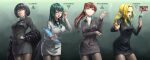  4girls adjusting_eyewear allmind_(armored_core_6) aqua_eyes aqua_hair aqua_necktie arm_under_breasts armored_core armored_core_6 black_hair black_jacket black_necktie black_suit blonde_hair bob_cut breasts cellphone cigarette cleavage colored_inner_hair earrings forehead freckles glasses gradient_background green_hair grey_jacket grey_suit grin hair_intakes highres holding holding_phone holding_tablet_pc jacket jewelry long_hair meme multicolored_hair multiple_girls necktie office_lady pantyhose personification phone ponytail red_hair short_hair simple_background skirt smartphone smile sparkle substance20 suit tablet_pc two_soyjaks_pointing_(meme) 