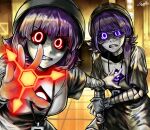  2girls absolute_solver_(murder_drones) android black_hat black_helmet clenched_teeth commentary english_commentary floor_tiles glowing glowing_eyes grey_skirt hair_over_shoulder hair_tie hand_on_own_arm hat helmet highres id_card indoors lanyard long_hair looking_at_viewer loose_clothes m4sked multiple_girls murder_drones nori_(murder_drones) outstretched_arms outstretched_hand protecting purple_eyes purple_hair red_eyes short_hair short_sleeves skirt standing teeth upper_body wide-eyed wince yeva_(murder_drones) 