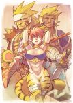  1girl 2boys animal_ears bandage bandanna belt blonde_hair breasts breath_of_fire breath_of_fire_ii breath_of_fire_iii breath_of_fire_iv bustier capcom cat_boy cat_ears cat_tail choker club cray_(breath_of_fire) crossover dagger facial_mark fur furry headband highres knife multiple_boys orange_hair pointy_ears rei_(breath_of_fire) rinpoo_chuan short_hair tail weapon 