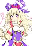  1girl atelier_(series) atelier_firis blonde_hair blush bow closed_mouth cowboy_shot cropped_jacket detached_collar detached_sleeves dress gloves hair_bow hairband hand_up highres ilmeria_von_leinweber long_hair looking_at_viewer minidraco puffy_detached_sleeves puffy_sleeves purple_dress purple_eyes purple_hairband sleeveless sleeveless_jacket smile solo white_background white_gloves 