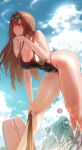  1girl absurdres bare_arms bare_legs bare_shoulders bent_over black_choker black_one-piece_swimsuit blush breasts brown_hair choker cleavage closed_mouth dated_commentary day goddess_of_victory:_nikke goggles goggles_on_head highleg highleg_one-piece_swimsuit highres large_breasts long_hair official_alternate_costume one-piece_swimsuit outdoors rapi_(classic_vacation)_(nikke) rapi_(nikke) red_eyes rororo solo standing swim_goggles swimsuit thighs water wet 