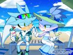  1boy 1girl animal_ears animal_nose aqua_shirt blaze_the_cat blaze_the_cat_(summer) blue_sky blush body_fur bracelet cass_terra_22 cat_ears cat_girl closed_mouth cloud commentary dress eyewear_on_head food forehead_jewel furry furry_female furry_male gem gloves gold_bracelet grey_fur hat hedgehog_boy hedgehog_ears holding holding_food jewelry neck_fur official_alternate_costume one_eye_closed open_clothes open_mouth open_shirt outdoors parfait purple_fur red_gemstone ribbon shirt silver_the_hedgehog silver_the_hedgehog_(summer) sitting sky smile sonic_(series) sonic_speed_simulator sun_hat sundress sunglasses symbol-only_commentary white_dress white_fur white_gloves yellow_eyes 