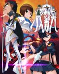 black_eyes black_hair bleedman blonde_hair blue_eyes blue_hair bob_cut boots brown_eyes brown_hair closed_eyes dress earrings frown full_body gamagoori_ira green_hair hat highres inumuta_houka jacket jakuzure_nonon jewelry junketsu kill_la_kill kinagase_tsumugu kiryuuin_satsuki knee_boots long_hair long_sleeves looking_at_viewer mankanshoku_mako matoi_ryuuko midriff mikisugi_aikurou navel orange_background pants pink_hair red_background sanageyama_uzu school_uniform senketsu serafuku short_hair short_sleeves smile straight_hair sword thigh_boots thighhighs uniform very_long_hair weapon white_dress white_jacket white_pants 